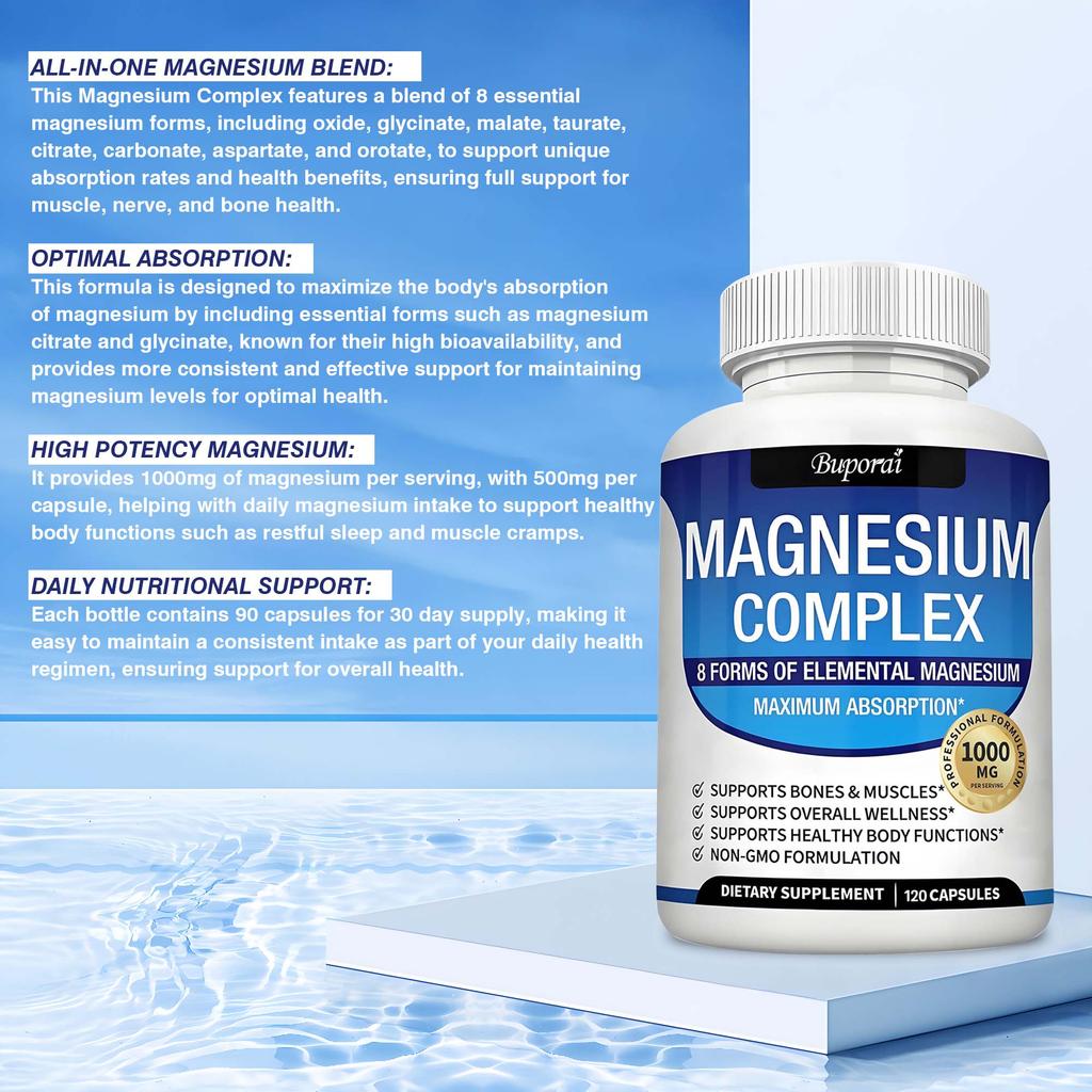 Capsule Complesse di Magnesio: Contiene glicinato di magnesio e malato di magnesio per un assorbimento e un utilizzo massimizzati.