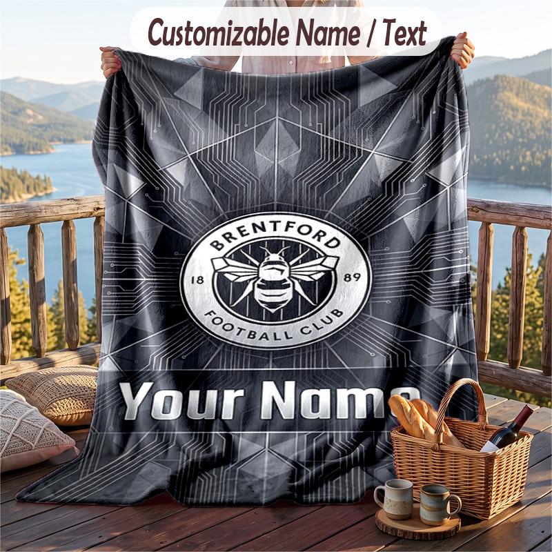 Flannel Blanket Brentford Football Print Custom Name Text Soft Throw for Sofa Bed