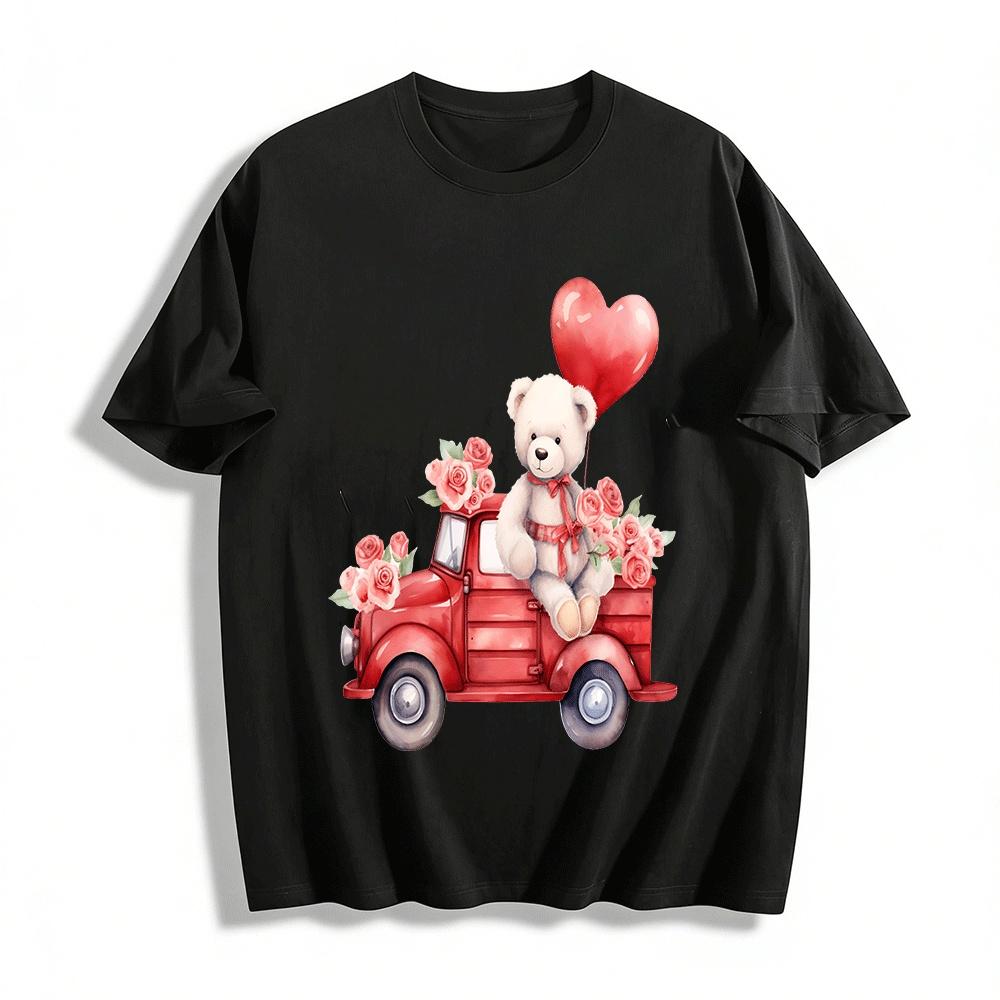 

Valentine s Day Bear Heart Balloon Red Truck Print Top Pure cotton T-shirt 6XL