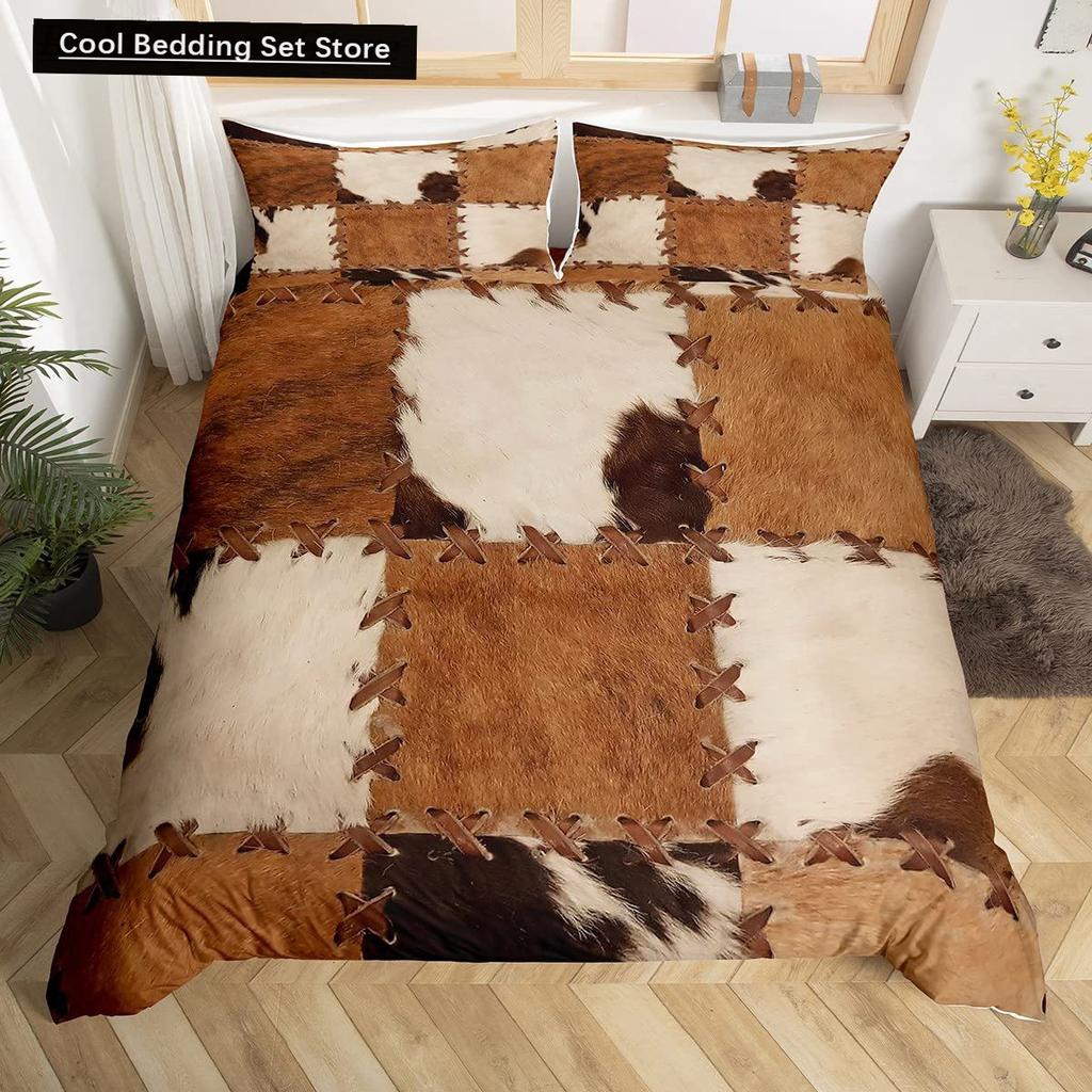 Cowhide King Queen Duvet Cover Patchwork Cow Fur Print Bedding Set Animal Quilt Cover Western Cowboy Polyester Comforter Cover