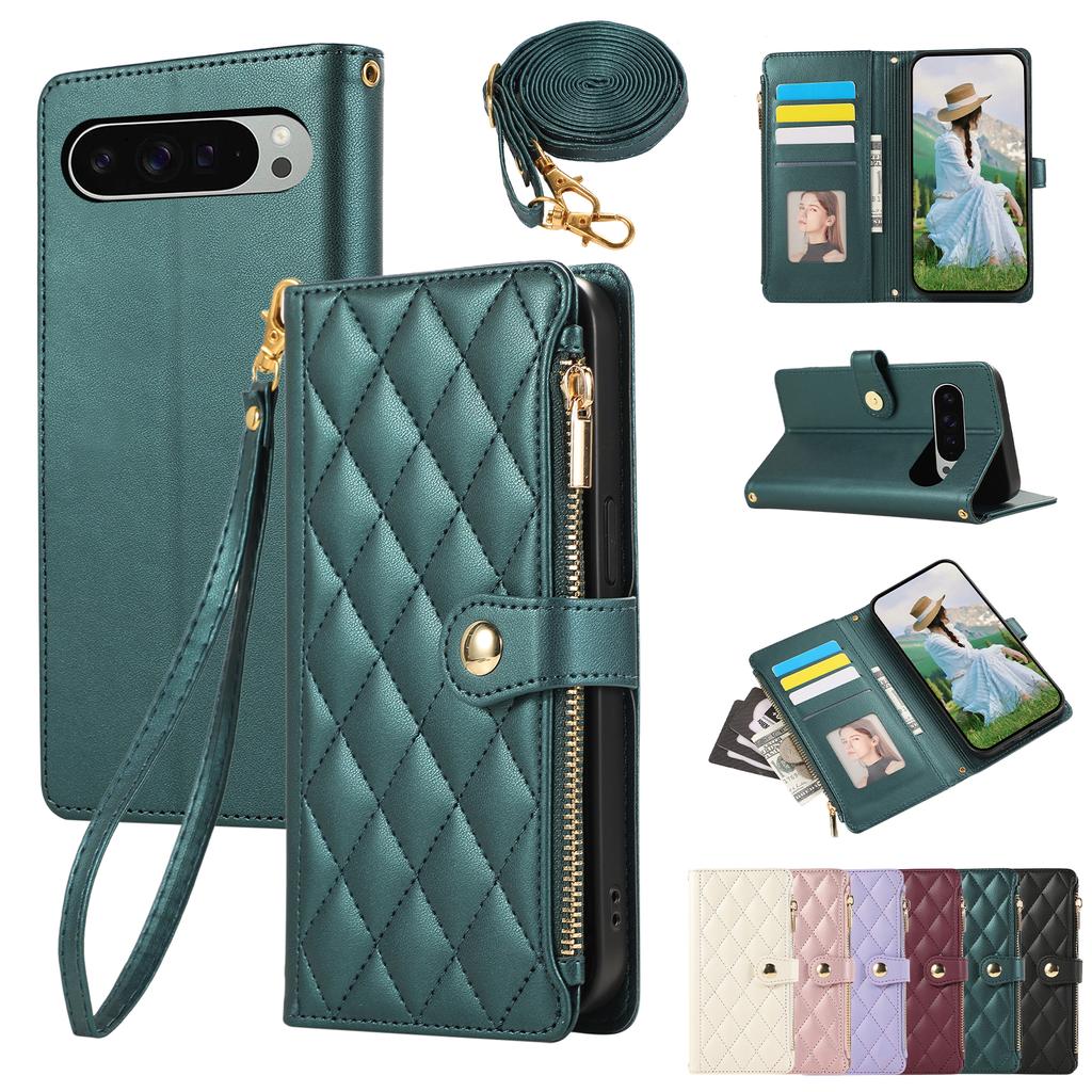 Crossbody-Reißverschlusskarten Solt Leder Flip Wallet Case für Google Pixel 9 Pro XL 8 8A 7 6 Lanyard Kickstand Bag Pocket Book Cover