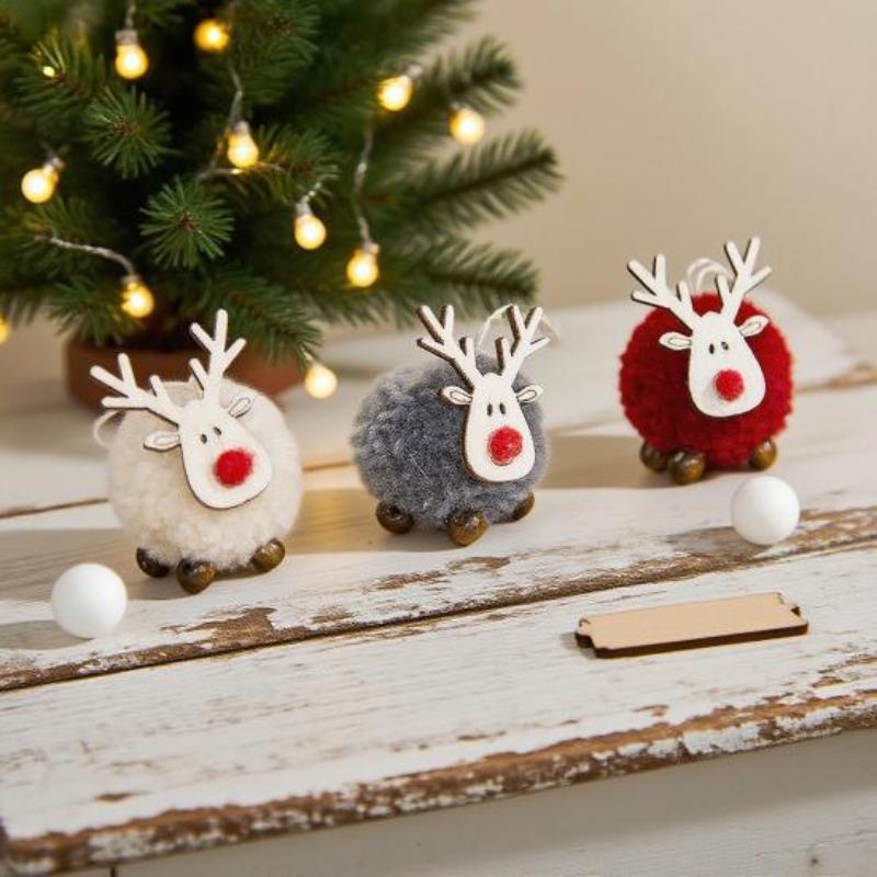 Pom Pom Reindeer Christmas Ornament Plush Elk Hanging Ornaments Wooden Deer Slices Xmas Tree Pendants for Home Party Holiday Decor