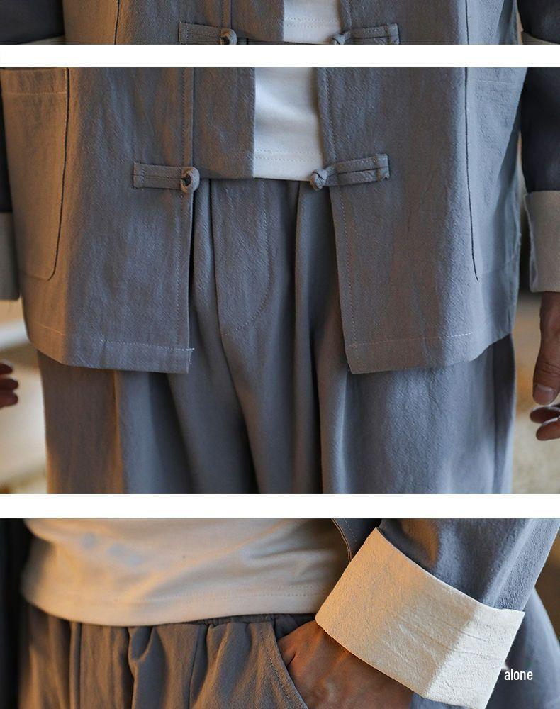Men's Tang Suit Cotton & Linen Hanfu: Traditional Chinese Costume for Meditation & Tea Ceremonies (Spring-Summer-Fall)