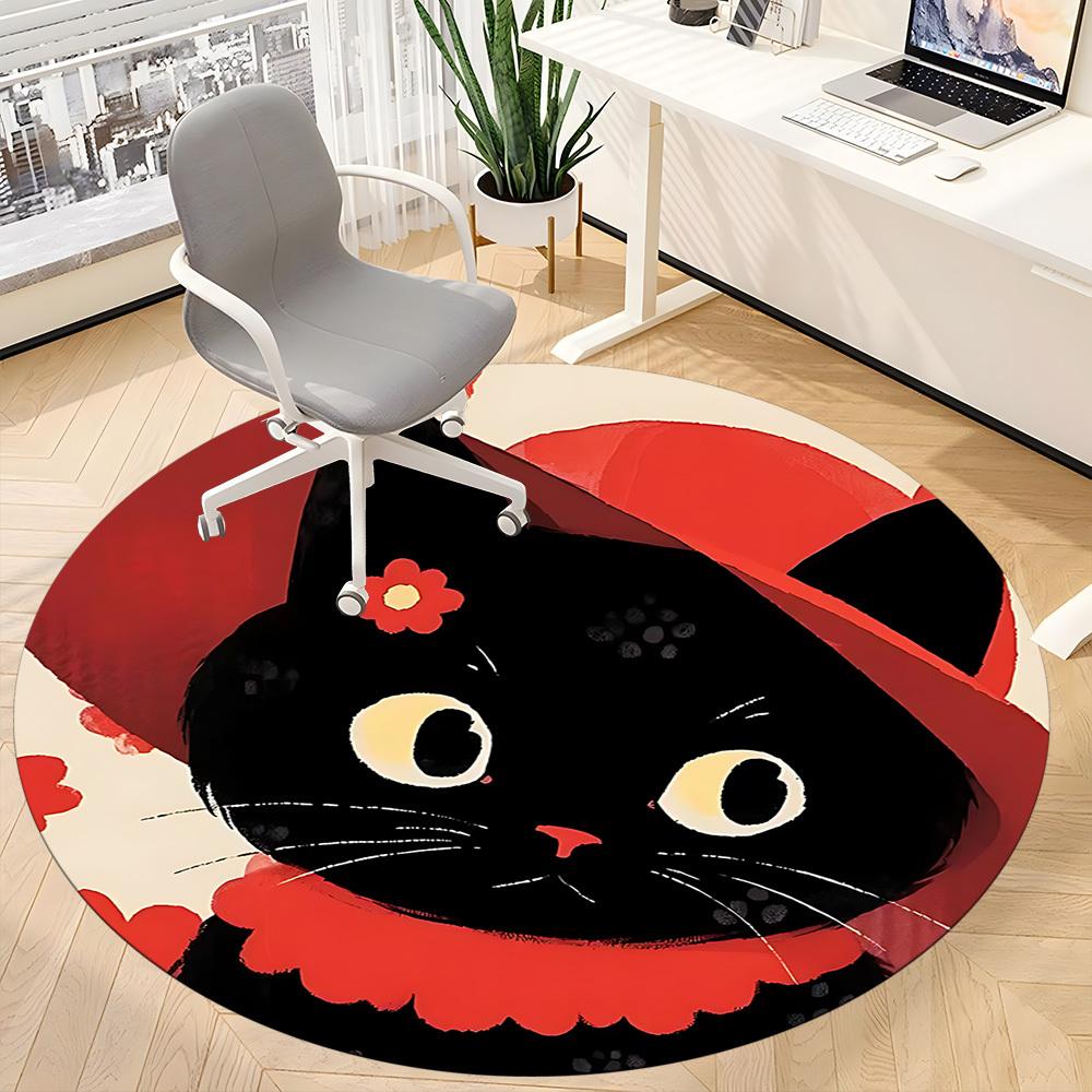 1PC Cat Floral Office Round Area Rug,  Mat Suitable ForOffice, Under Office Chairs Bedroom Living Room Home Decor, Room Deco