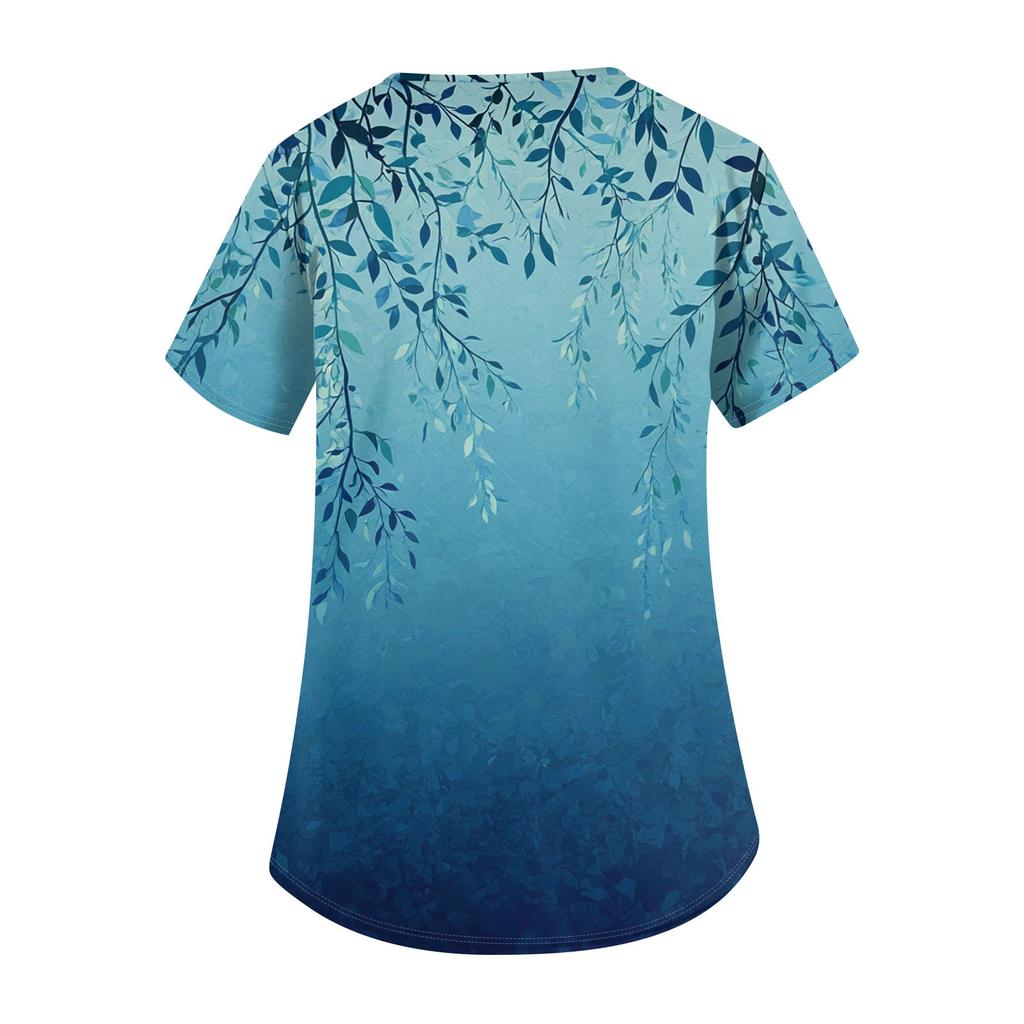 Niedlich bedruckte Arbeitskleidung für Damen, V-Ausschnitt, doppellagige Taschen, Basic-Kurzarm-Oberteil, Pullover