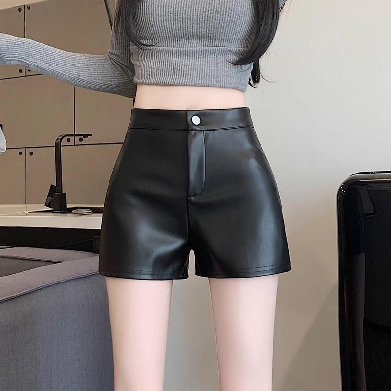 

Women s Fall Winter Y2K Matching Shorts Black PU Leather Versatile High Waisted A-Line Base Hot Pants Mini Shorts Versatile Slim Fit Hot Pants XS чёрный