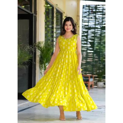 Women Bollywood Anarkali Printed Cotton Rayon Flared Kurta Gown Designer Dress SC-2144