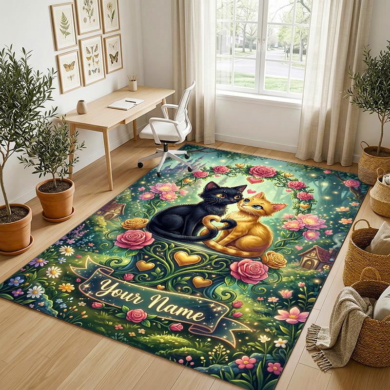 Cat Theme Crystal Velvet Rug Personalized Custom Name Text Soft Floor Mat Home Decor