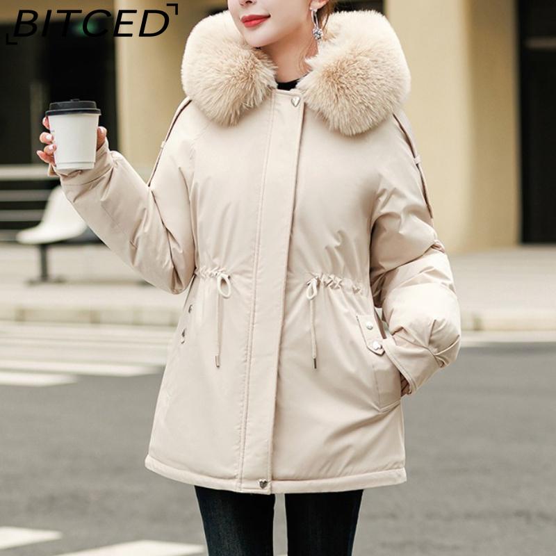 BITCED Fleece-Lined Thickened Down-Filled Cotton Coat for Women - Short Style Autumn/Winter Waist-Defining Design with Large Fur Collar