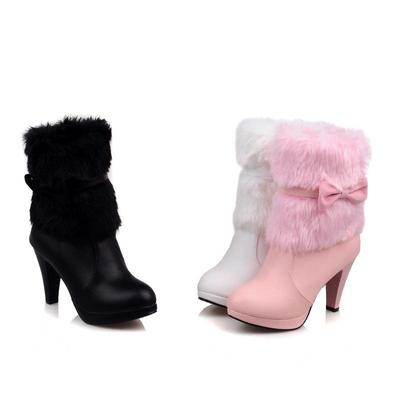7/Damen-Kurzstiefel mit hohen Absätzen, modisch und warm im Herbst und Winter, Plüschstiefel, übergroße und vielseitige Schuhe mit hohen Absätzen