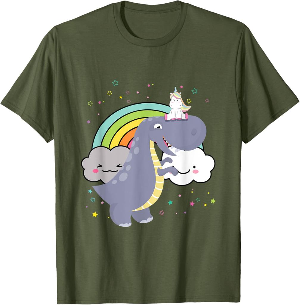 Dinosaurier reitet Einhorn Regenbogenwolken Grafik T-Shirt Lässiges Kurzarm Baumwoll-T-Shirt