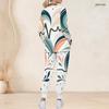 Women Plus Size V Neck Long Sleeve Scrub Set Boho Sun Heart Wave Star Art Print Nurse Uniform Set