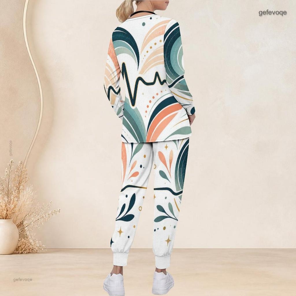 Women Plus Size V Neck Long Sleeve Scrub Set Boho Sun Heart Wave Star Art Print Nurse Uniform Set