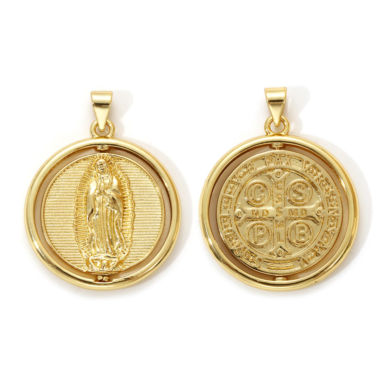 

1 Piece Brass Religious Pendants Gold Plated Round St. Benedict Medal Rotatable Charm For DIY Necklace Jewelry 3.2cm x 2.5cm