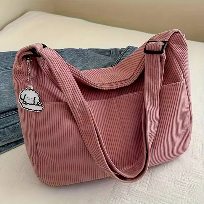 

Женская вельветовая сумка через плечо, повседневная полосатая сумка-тоут большой вместимости на молнии, милая нашивка в виде шляпы, идеально подходит для повседневного использования розовый