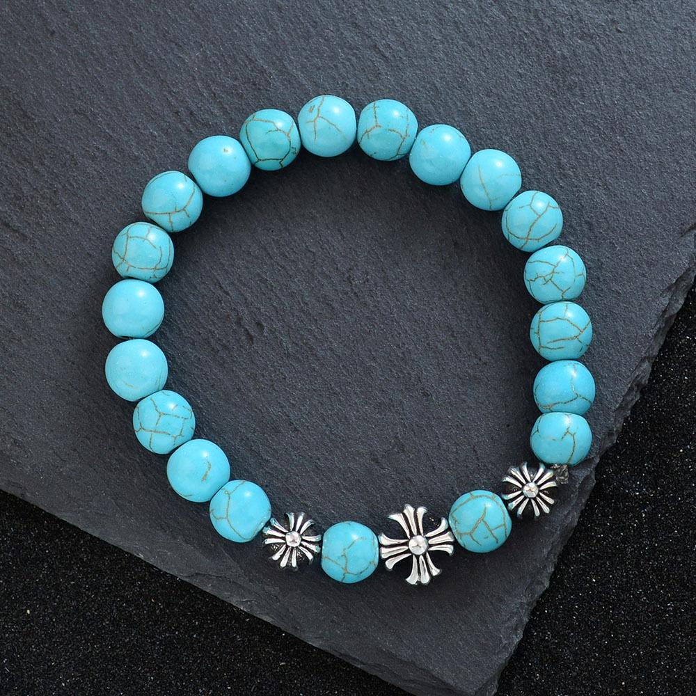 Бирюзовый браслет-крест, ретро-этнический стиль, модный темперамент, высококачественный браслет на эластичной нити.
