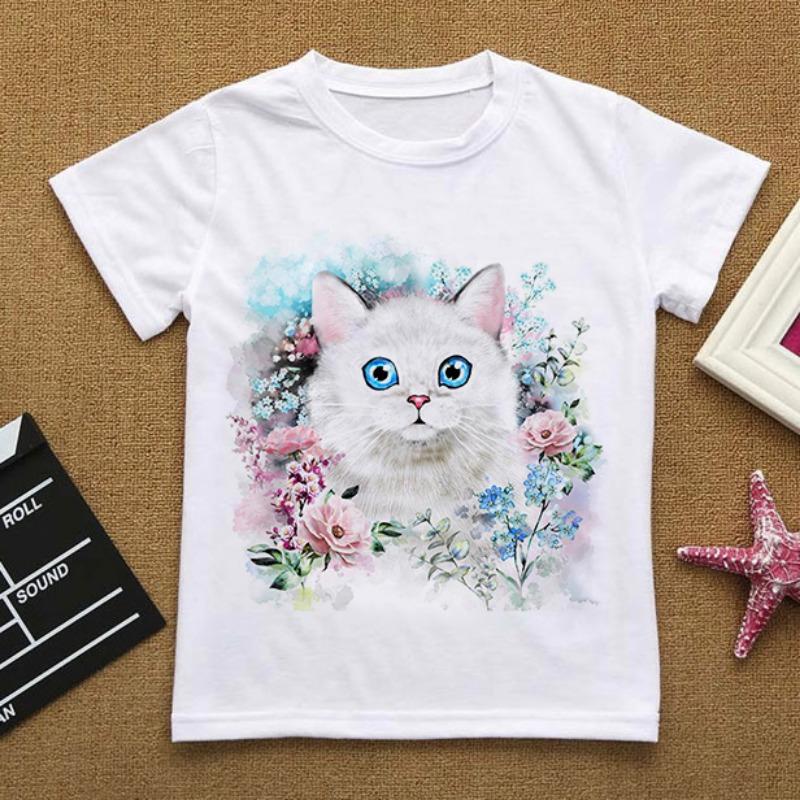 

Цветы Летняя Одежда Люблю Тебя Кошка МультфильмыФутболка Детские Вещи Для Девочек Одежда Для Мальчика Футболка Детская Мальчик Белый Топ с Коротким Рукавом 150