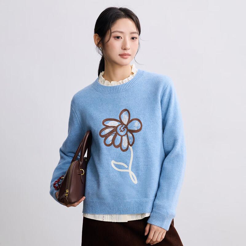 INMAN Women's Wool Blend Floral Pullover Sweater