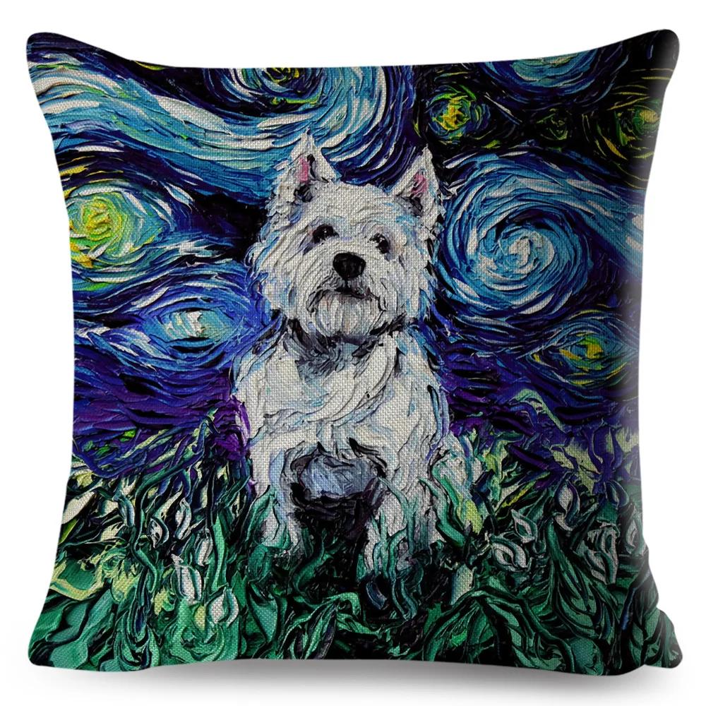 Both Sided Starry Sky Dog Cushion Cover Decor Oil Painting Cartoon Pet Animal Pillow Case for Sofa Home  Linen Pillowcase