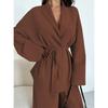 Women's 2 Piece Set V Neck Long Sleeve Belted Blazer & Wide Leg Pants Elegant Casual Office Outfit