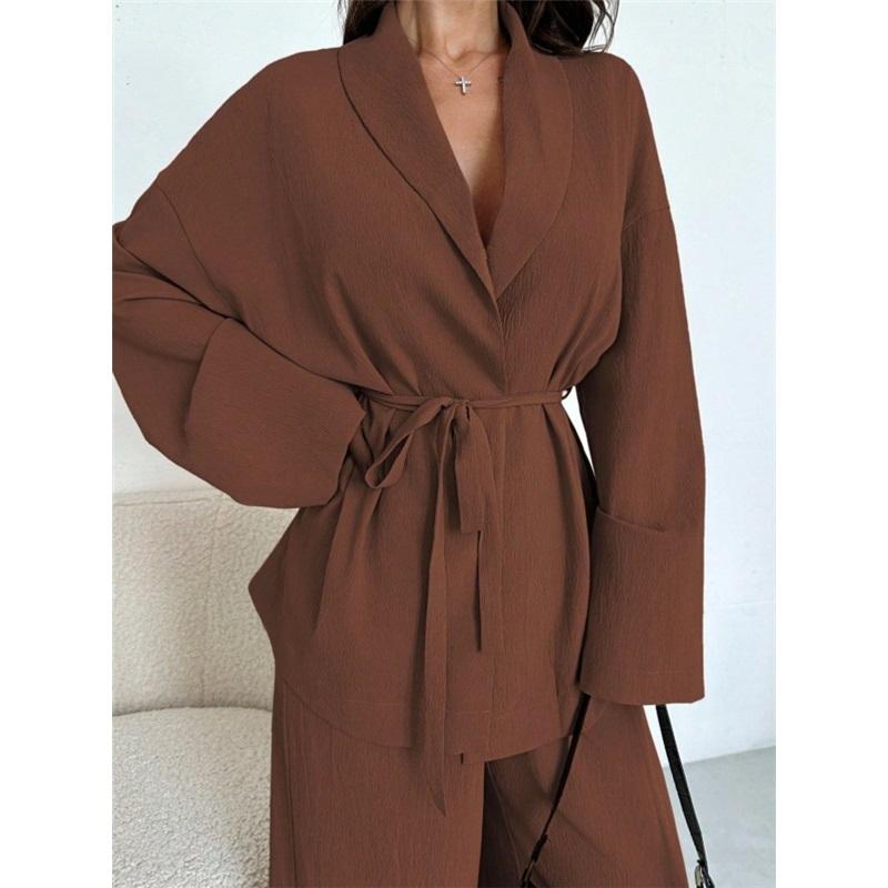Women's 2 Piece Set V Neck Long Sleeve Belted Blazer & Wide Leg Pants Elegant Casual Office Outfit