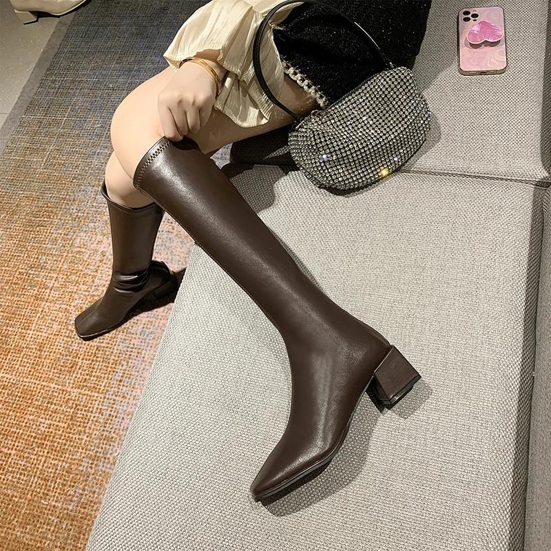 Fashion Female over the knee 2024 Spring and Autumn, short, tall, with fluffy, slim boots, thick, high-heeled, square toe