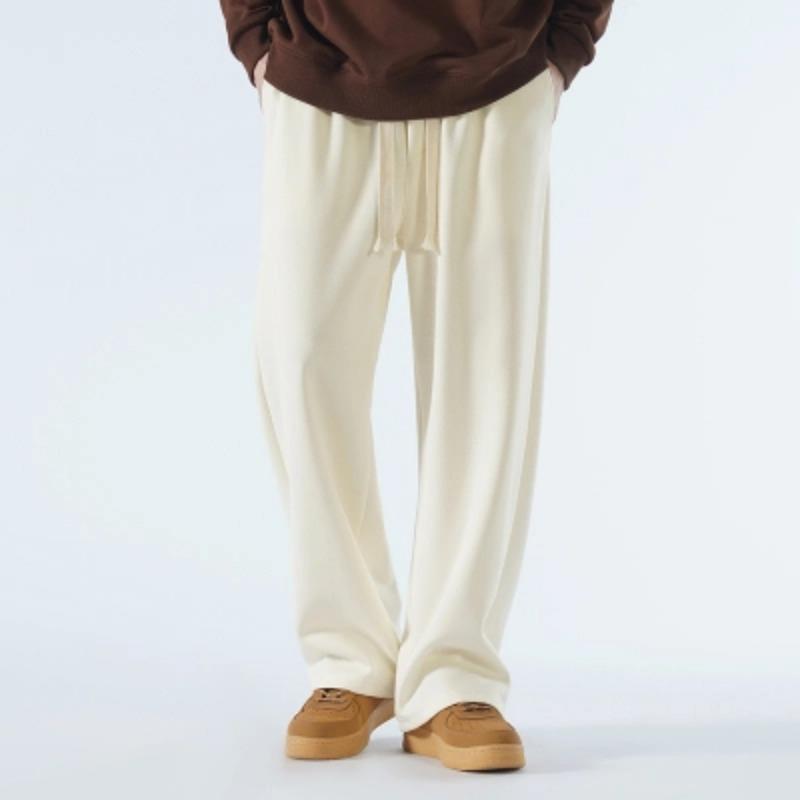 Men's Light Gray Wide Leg Pants, Drawstring Waist Casual Straight Trousers, Streetwear Style for Daily Wear
