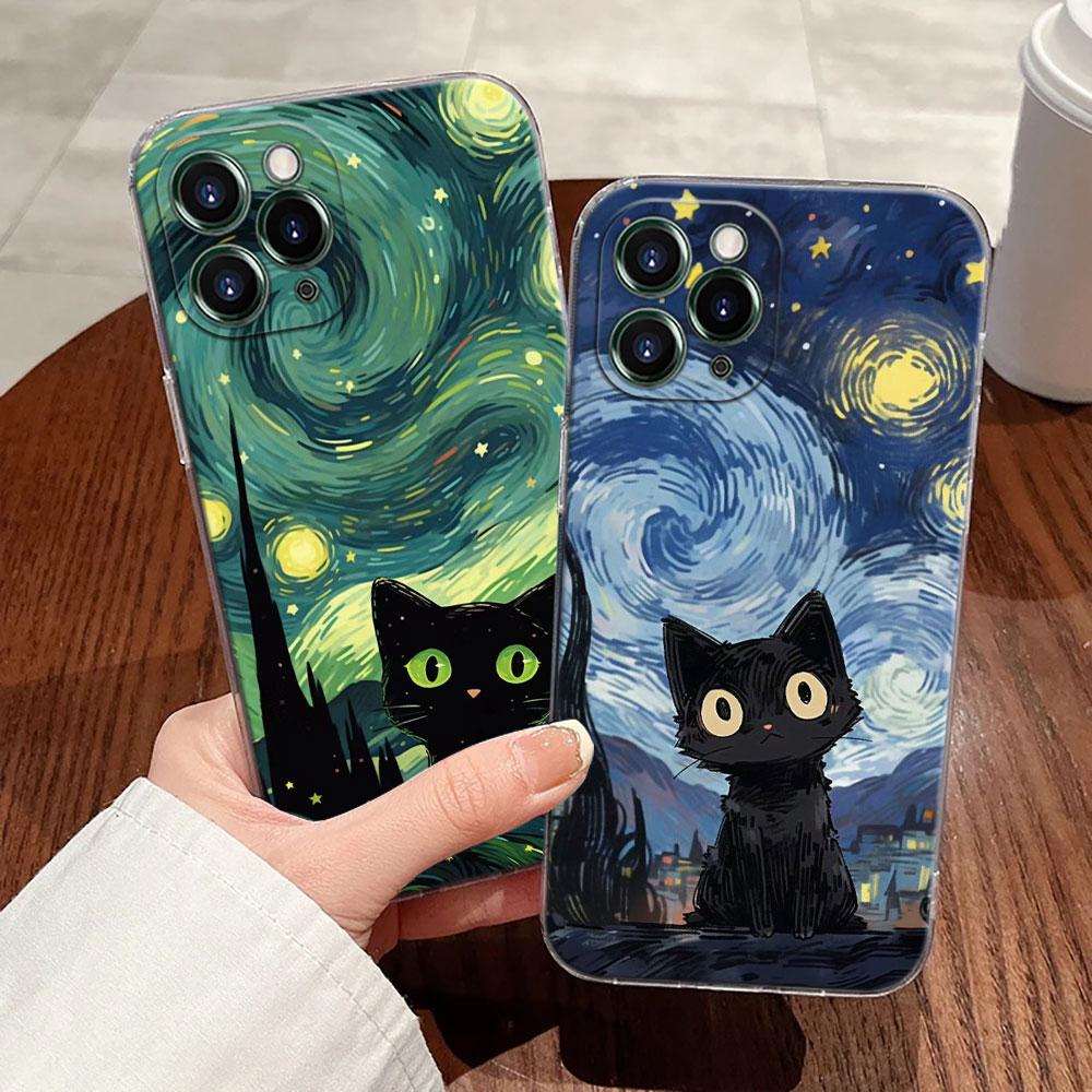 Retro Oil Painting Starry Sky Cat Case For Apple iPhone 17 16 15 14 13 12 11 Pro Max 16 Plus 16E 17Air 17Pro Phone Cover Funda