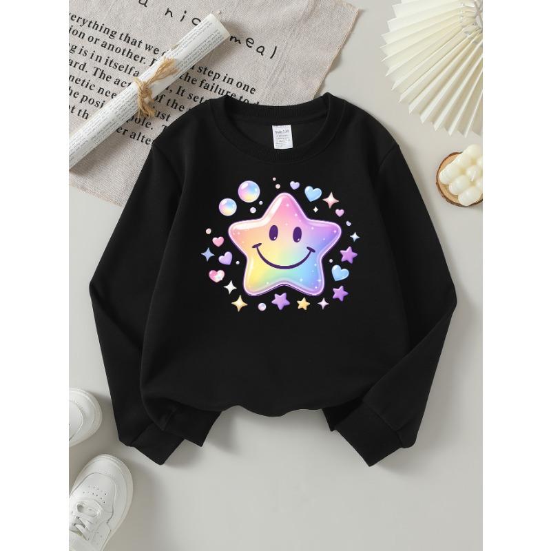 European Sizes Girls' Long-Sleeve Round Neck Sweatshirt "Rainbow Joyful Star" Print, Spring/Autumn, Casual, Daily & Sports.