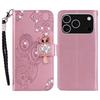 For iPhone 17 Pro Max Wallet Case Owl Flower Imprinted Rhinestone Leather Cover