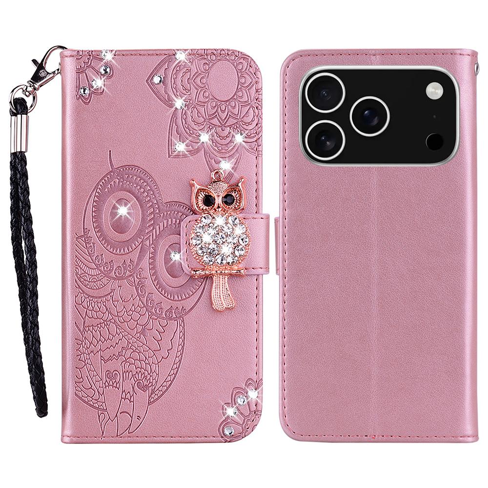 For iPhone 17 Pro Max Wallet Case Owl Flower Imprinted Rhinestone Leather Cover