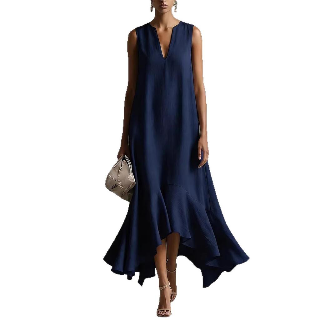 Sleeveless Deep V Neck Linen Midi Dress, Loose Irregular Ruffle Flowy Hem Sundress,Textured Elegant Slim Fit Casual Business Vacation Long Gown