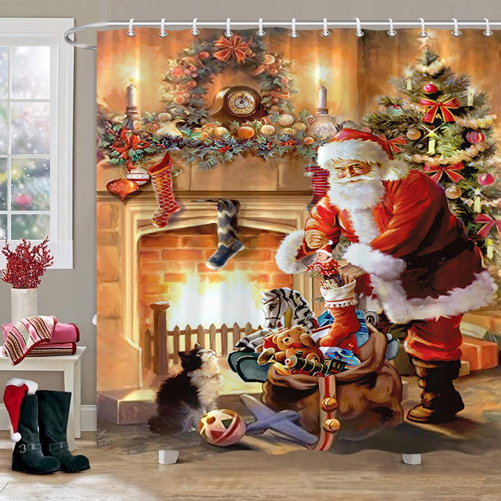 Winter Christmas Shower Curtain Red Truck Snowman Reindeer Snowy Farmhouse Bath Curtain Washable Polyester Fabric Bathroom Decor