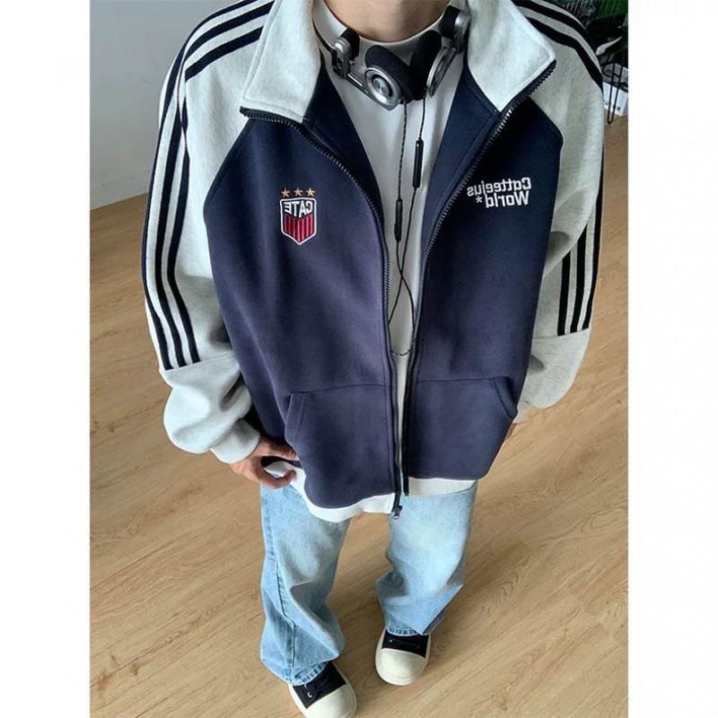 Mens Retro Varsity Jacket Color Block Loose Fit Casual Streetwear
