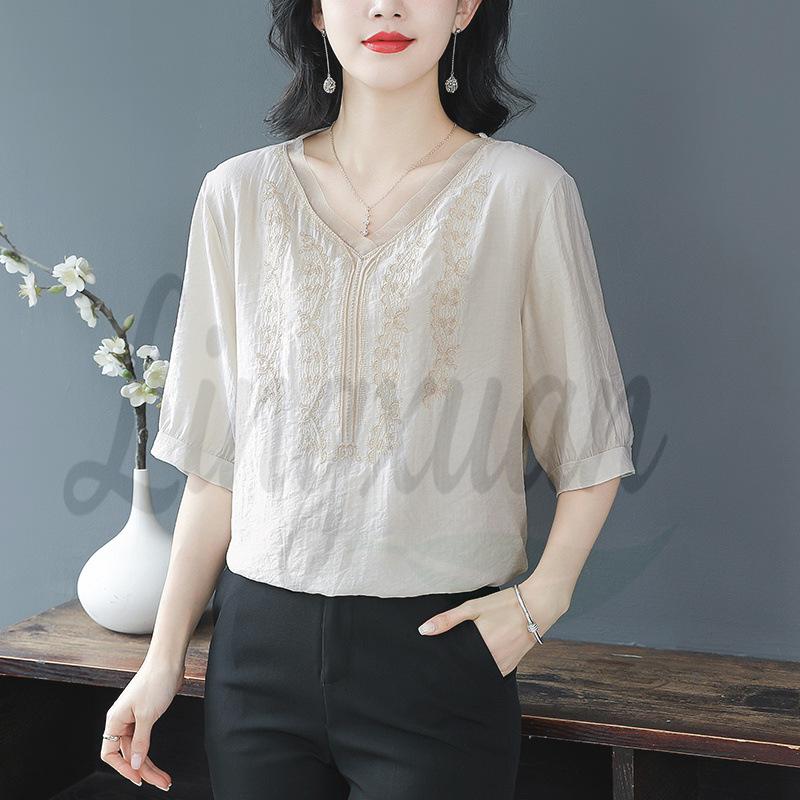 2026 Summer Loose V-Neck Embroidered Cotton Linen T-Shirt for Middle-Aged Women L