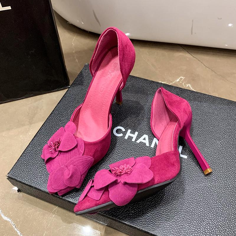 Women's Slim Heel Shoes Spring New Pointed Head Shallow Mouth Suede Flower Slip-on Wear-resistant High Heels