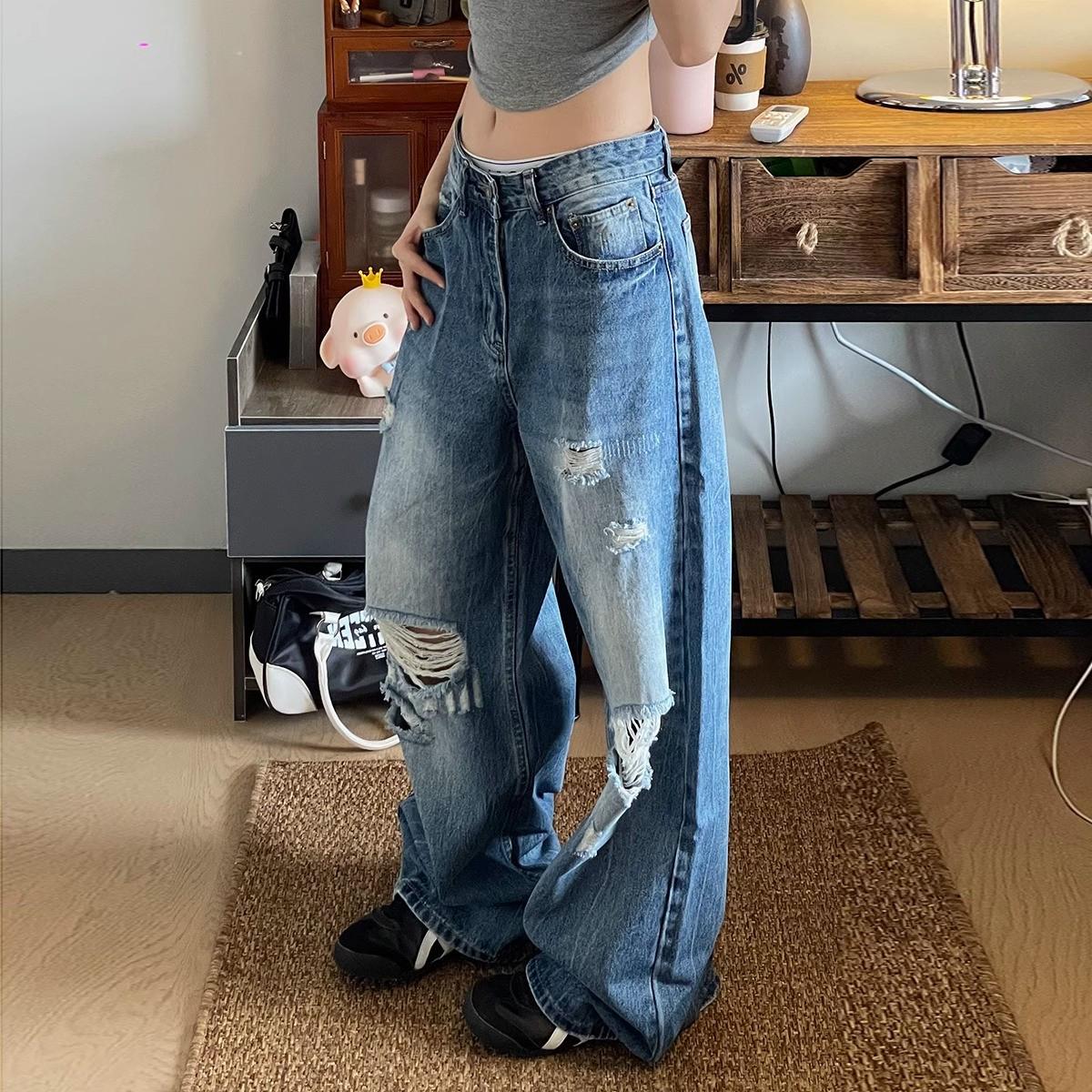 

American Street Style Vintage Ripped Straight-Leg Jeans, Slim Floor-Length Trendy Design S синий