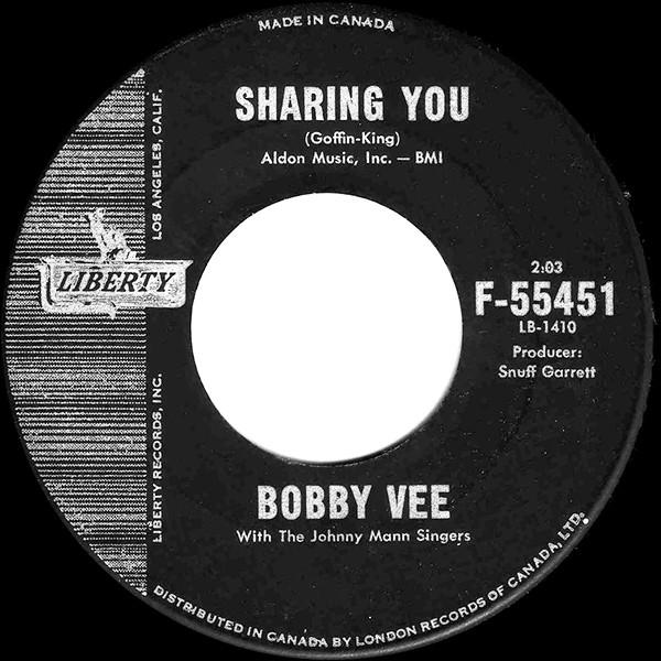 

7inch Record BOBBY VEE - Sharing You / In My Baby s Eyes F55451 LIBERTY 1962 Canada Pop Used
