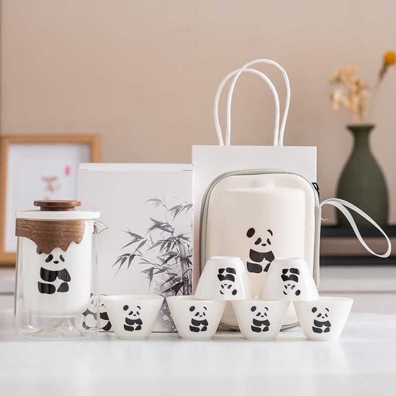 Panda Merchandise Travel Tea Set a Pot of Three Four Six Cups Suet Jade Porcelain High-end Corporate Business Gift Set