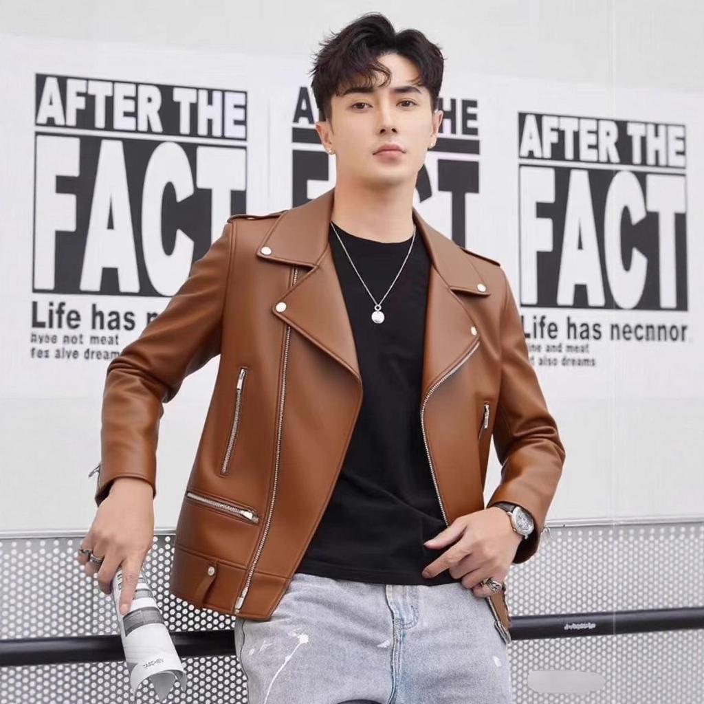Men's Casual Fleece Thickened Leather Jacket Soft Leather Slim Fit Comfortable Fashion Jacket Leather Baseball Collar Men's Jacket Gentleman