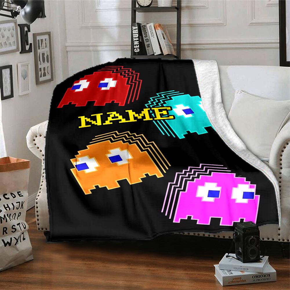 Custom Name Pac-Man Theme Printed Blanket - Perfect for Couch, Bed, Travel & Outdoor Use | Machine Washable, Cozy & Durable.