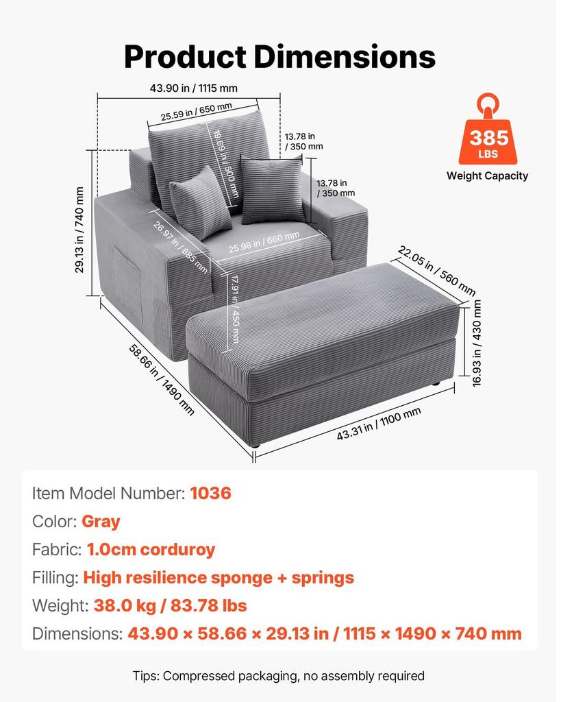 Chaise Lounge Chair, 1115 Mm Boneless Modular Chaise Lounge Indoor, Oversized Corduroy Reading Chair with Throw Pillows & Armrests, Deep Seat Sofa