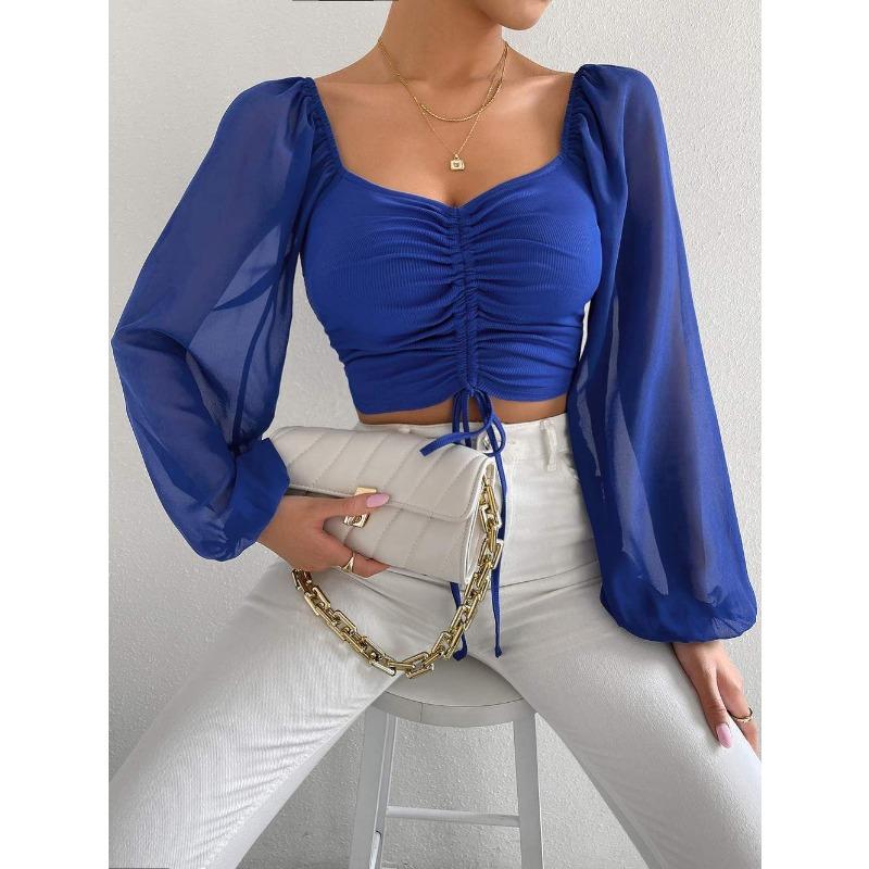Spring Women's Blouse Low-cut Sexy V-neck Splicing Chiffon Drawstring Lantern Sleeve Slim Tops