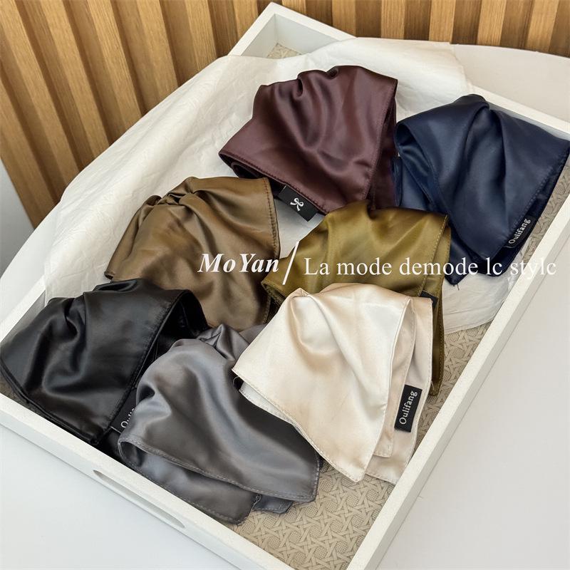Korean-Style Faux Leather Scarf Hair Tie Set: Large Square Headband, Intestine Hair Tie, and Shiny Bun Accessory.