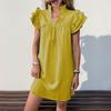 Elegant Women Short Sleeve Summer Dress New Fashion Stand Collar Layered Ruffled Sleeve A-line Casual Dresses Solid Loose V Neck Party Short Dress 859