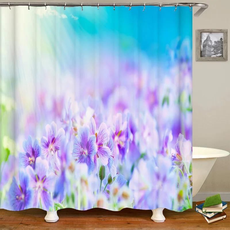 Blooming Flowers Rose Butterfly Shower Curtain Waterproof Modern Bathroom Decor, Waterproof Fabric Shower Curtain with Hooks