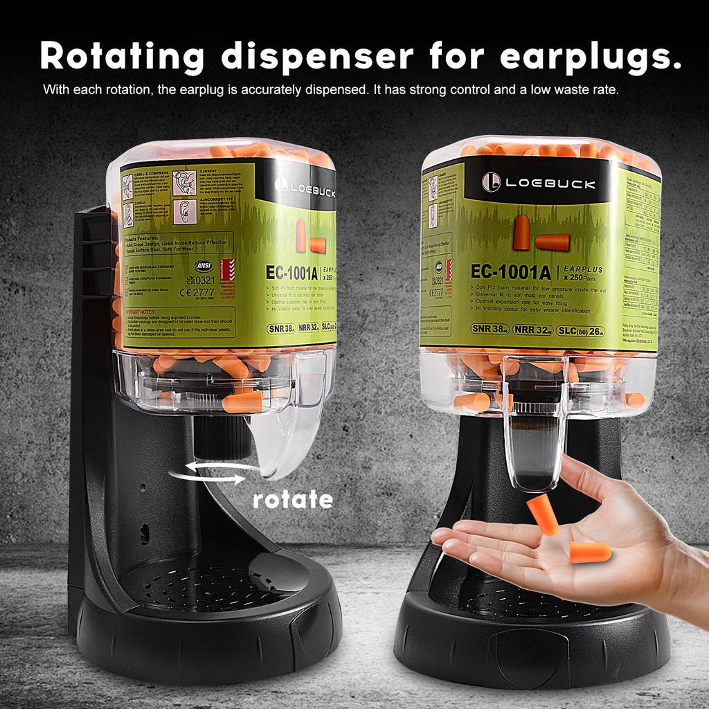 LOEBUCK Earplug Dispenser Station for Sound Suppression/Hearing Protection - Pre installed 500 Earplugs - Wall mounted/Desktop Design (Model EPD-500)