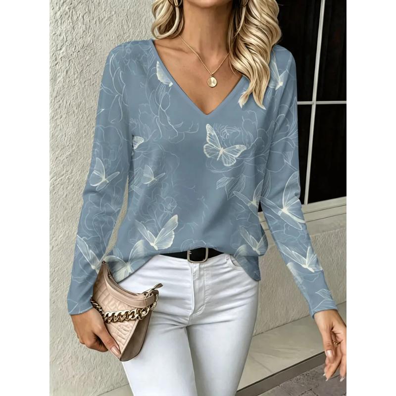 Fashion Women's V-Neck Long Sleeve 3D Casual Color Printing Casual Long Sleeve V-Neck T-Shirt