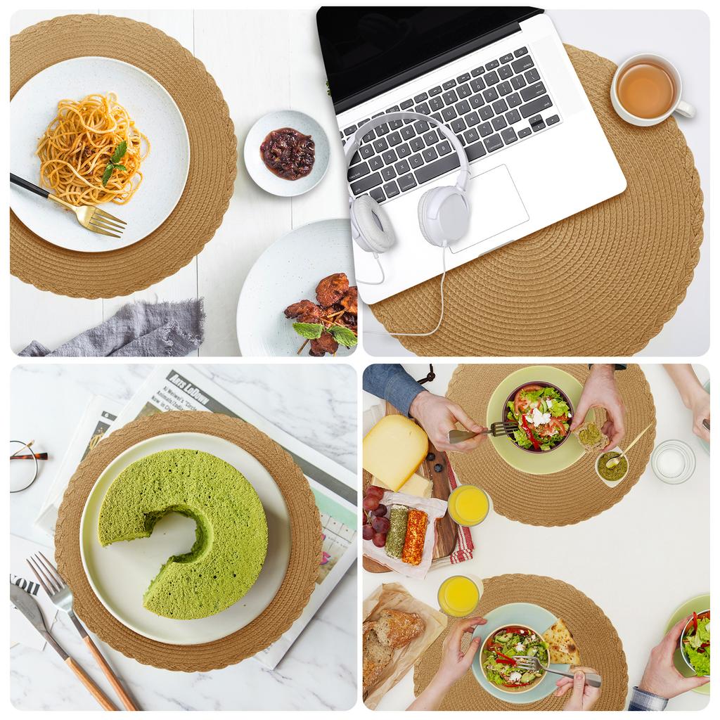 6Pcs Round Table Mat and Cup Coasters Set Woven Ramie Placemats Anti Slip Dining Placemats Non-Slip Tableware Bowl Pads Kitchen