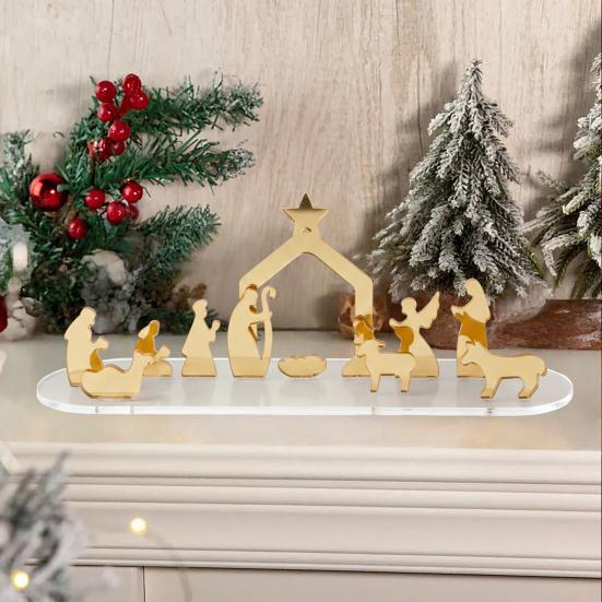 Office Holiday Decor Christmas Acrylic Ornament, Mirrored Golden Silhouette Scene, Decorative Modern Craft Desktop Display for Living Room Fireplace